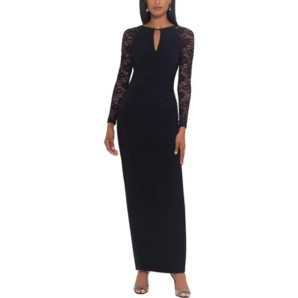 B&A by Betsy and Adam Womens Black Lace Sleeve Long Evening Dress Gown NWT